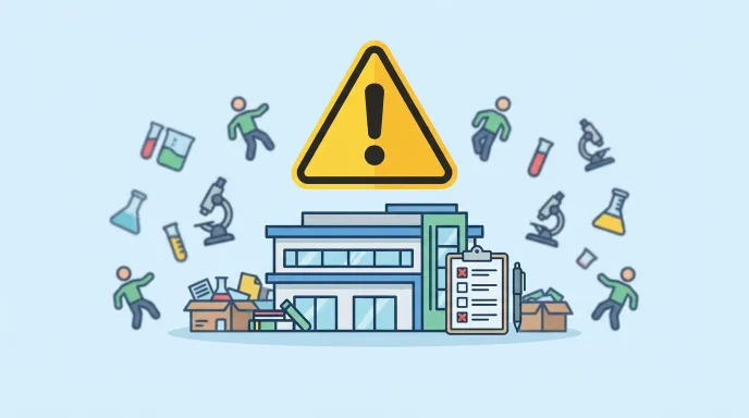 기업부설연구소 인정 취소 위험 요인을 경고 아이콘과 함께 표현한 일러스트