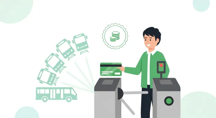 서울 시내 지하철과 버스를 무제한으로 이용하는 사람과 월 정액 패스 아이콘 일러스트