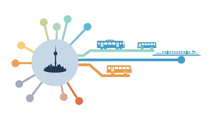 서울에서 수도권으로 이어지는 교통 노선도 위를 이동하는 대중교통 아이콘 일러스트