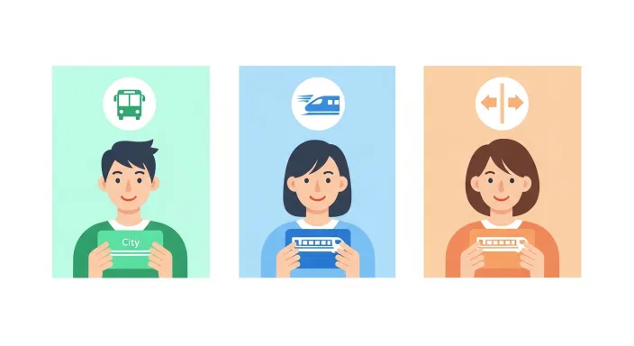 서로 다른 통학 통근 패턴별로 교통카드를 선택하는 사람들 일러스트