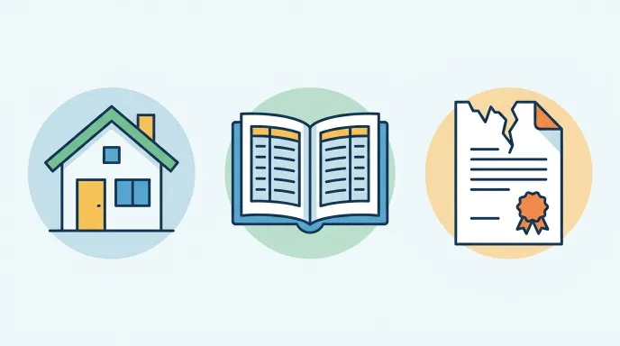 집 아이콘과 등기부, 분실된 등기권리증을 나란히 보여주는 개념 일러스트