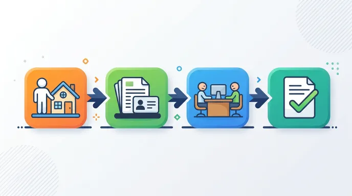 법무사와 부모님이 대면해 확인서면을 작성하고 등기소에 제출하는 과정을 단계별로 표현한 일러스트