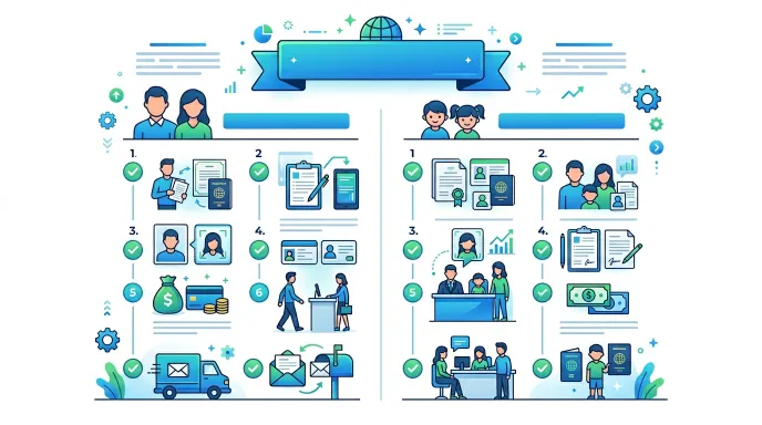 성인과 미성년자의 여권 발급 절차 차이를 비교한 일러스트
