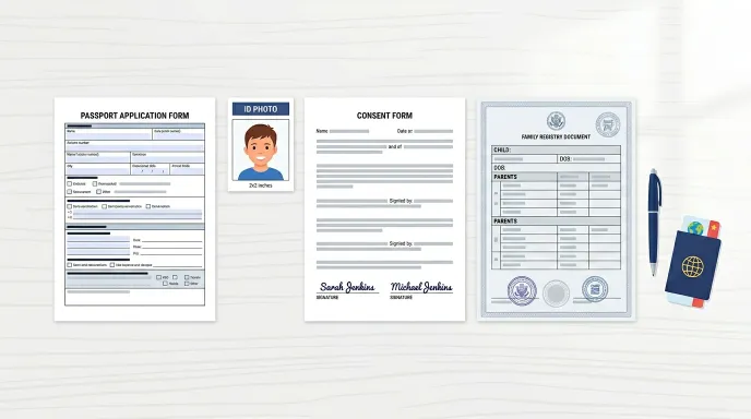 미성년자 여권 발급에 필요한 신청서, 사진, 동의서, 가족관계증명서를 모아놓은 일러스트