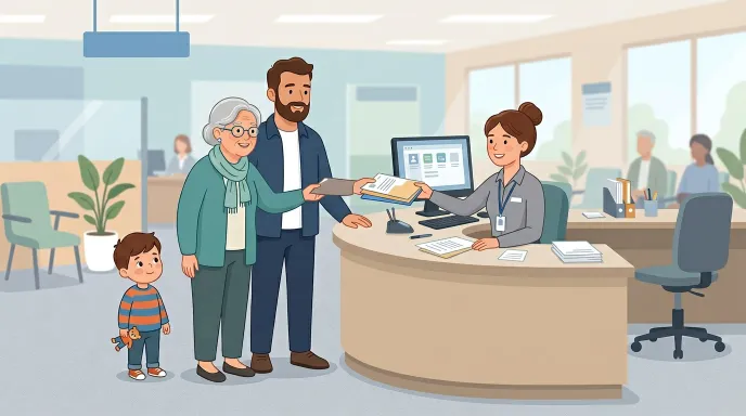 2촌 이내 친족과 법정대리인 배우자가 미성년자 여권 신청을 대리하는 모습을 표현한 일러스트