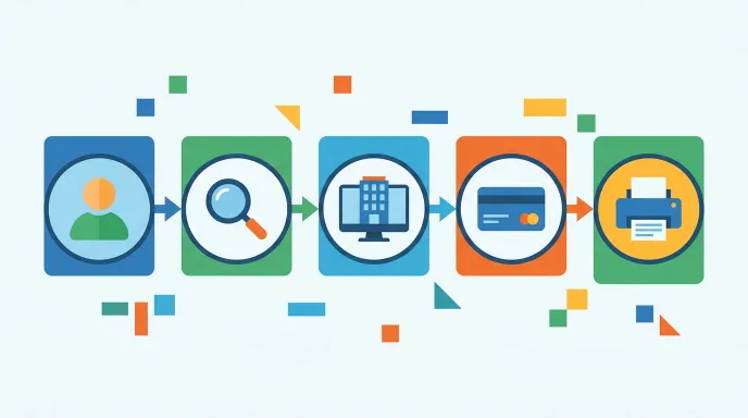 인터넷등기소 화면에서 법인 등기부등본 발급 단계를 순서대로 표현한 일러스트