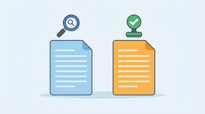 법인 등기부등본 열람과 발급의 차이를 두 개의 문서 아이콘으로 비교한 일러스트