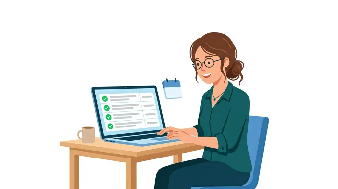 보육교사가 온라인으로 보수교육 이수 내역을 확인하는 모습을 표현한 일러스트