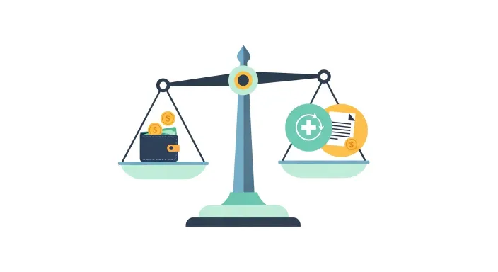 실제 부담액과 보험·환급 금액을 저울로 비교하는 중복 보상 분쟁 일러스트