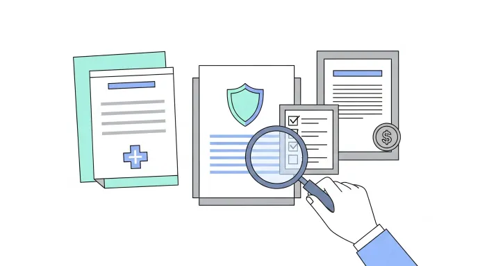 보험 약관과 환급 내역서를 책상 위에 놓고 돋보기로 확인하는 사람 일러스트