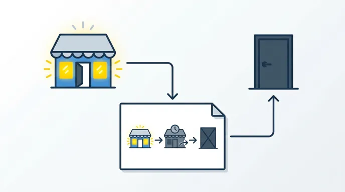 영업 중인 가게, 휴업 표시, 폐업 정리 서류를 한 화면에 표현한 개념 일러스트