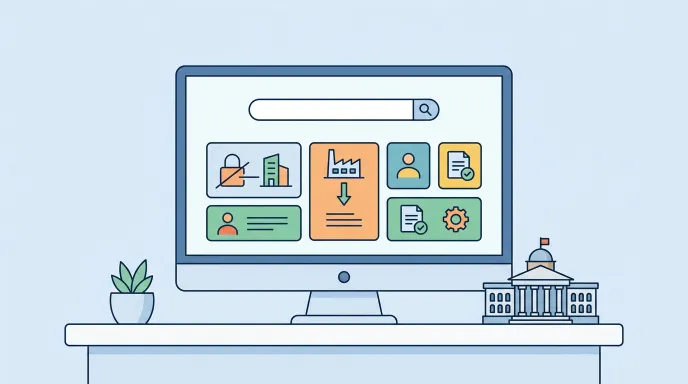 정부24 화면에서 사업자 휴업·폐업 관련 민원을 검색하는 장면을 표현한 일러스트