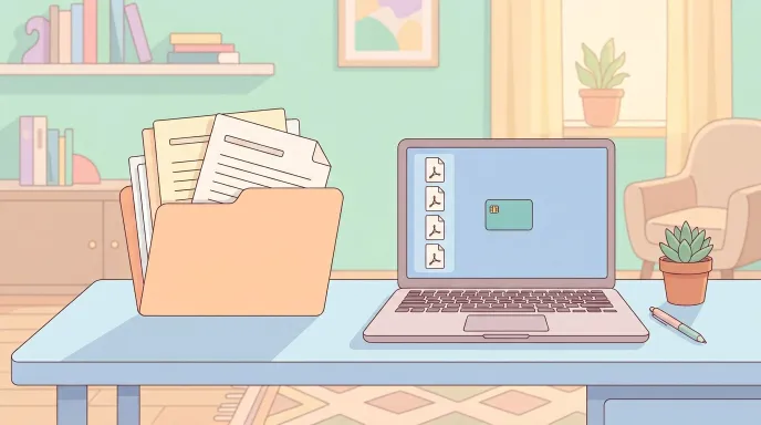 사회복지사 1급 자격증과 각종 증명서를 PDF와 종이 형태로 함께 관리하는 모습을 표현한 일러스트