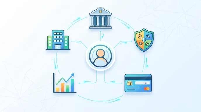 은행, 보험사, 카드사, 증권사 아이콘과 상속인을 연결한 상속인 금융거래 조회 개념 일러스트