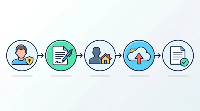 온라인 상속인 금융거래 조회 신청 과정을 단계별 아이콘으로 표현한 일러스트