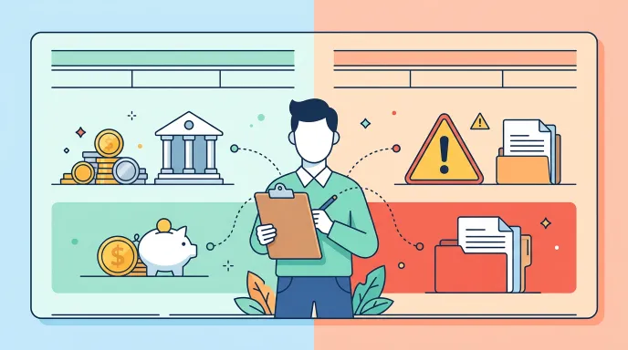 상속인 금융거래 조회 결과를 자산과 채무로 나누어 정리하는 모습을 표현한 일러스트