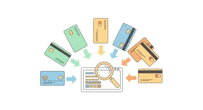 여신금융협회 카드 포인트 통합조회 개념을 보여주는 카드사 아이콘 묶음 일러스트