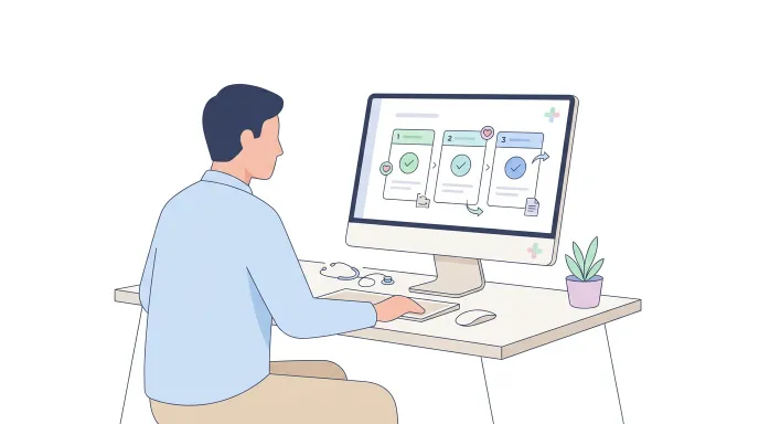 국시원 사이트에서 요양보호사 자격증 발급 진행상황을 확인하는 화면을 표현한 일러스트