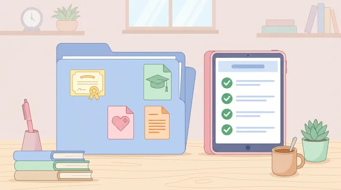 요양보호사가 자격증, 보건증, 보수교육 수료증을 함께 정리해 두는 모습을 표현한 일러스트