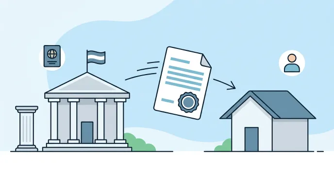 해외 공관에서 위임장에 영사확인을 받고 국내 대리인에게 보내는 과정을 나타낸 일러스트