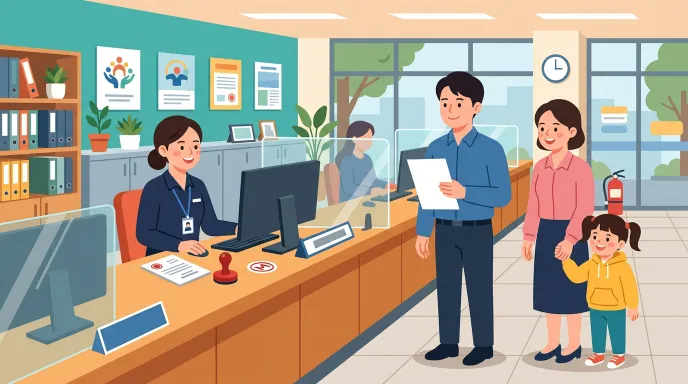 주민센터 창구에서 친양자 입양관계증명서를 발급받는 과정을 표현한 일러스트