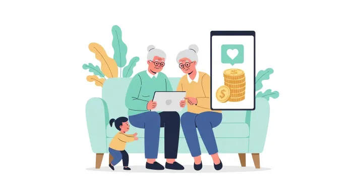 기초연금을 받는 노인이 자녀·손주와 함께 지원금 구조를 상의하는 장면 일러스트