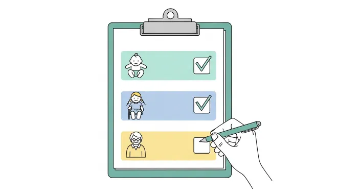 부모급여·아동수당·기초연금 중복 수령 여부를 체크하는 체크리스트 일러스트