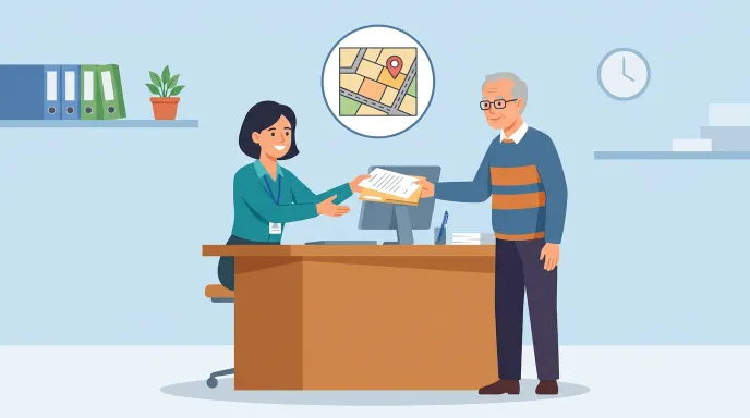 시군구청 지적부서 창구에서 조상 땅 찾기 서비스를 신청하는 장면을 표현한 일러스트