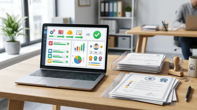 HRD-Net에서 직업능력개발훈련 이수자평가 결과를 조회하는 화면을 모니터로 확인하는 모습