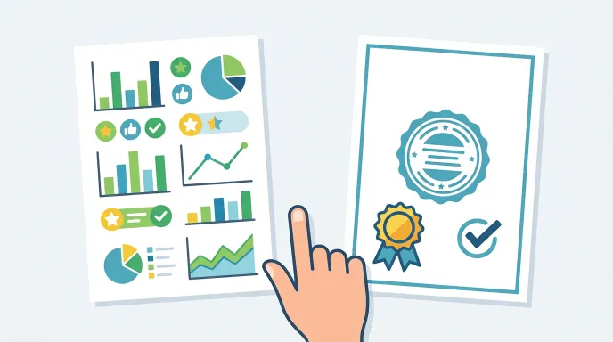 성적확인서와 수료증 두 종류의 문서를 비교하며 보는 모습을 표현한 이미지