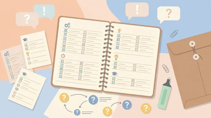 직업훈련 결과 확인과 수료증 출력 관련 질문을 정리하는 노트와 서류 파일을 표현한 이미지