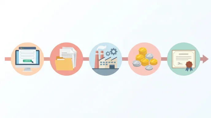 온라인 신청, 실태조사, 수수료 납부, 증명서 발급 단계를 순서대로 보여주는 절차 일러스트