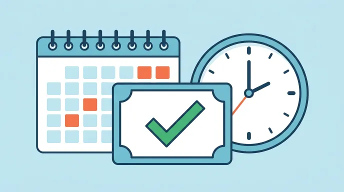 캘린더와 시계, 인증서 아이콘으로 직접생산확인증명서 유효기간과 갱신 시기를 표현한 일러스트