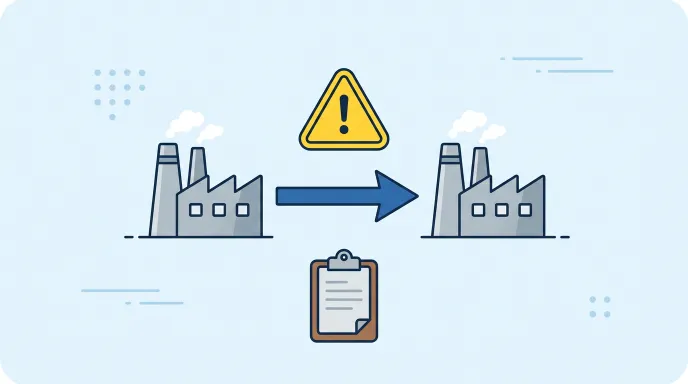 공장 이전과 설비 변경으로 인한 직접생산 기준 위반 위험을 경고하는 일러스트