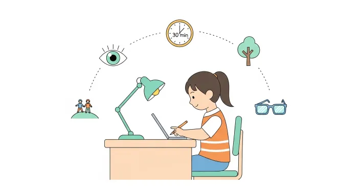 초등학생이 책상에서 올바른 거리와 자세로 태블릿을 사용하는 모습과 시력 보호 아이콘을 함께 보여주는 일러스트