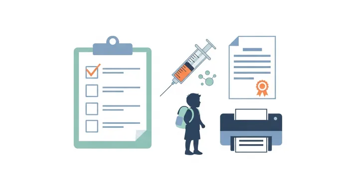 초등 입학 전 꼭 맞아야 할 예방접종 목록과 접종 확인서를 아이콘으로 표현한 일러스트