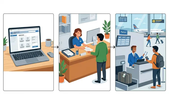 정부24, 출입국사무소, 공항 창구에서 출입국사실증명서를 발급하는 경로를 보여주는 일러스트