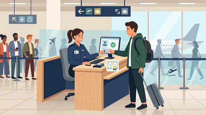 공항 출입국사무소 창구에서 출입국사실증명서를 발급받는 모습을 그린 일러스트