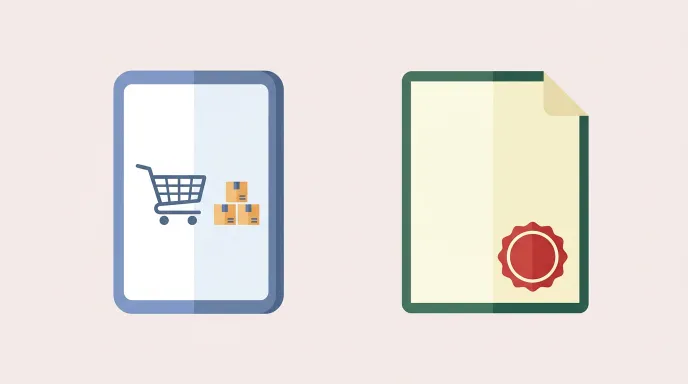 통신판매업 신고증과 온라인 쇼핑몰 화면을 함께 보여주는 기본 개념 일러스트