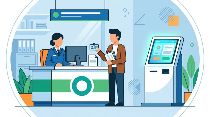 주민센터 창구와 무인발급기에서 혼인관계증명서 상세본을 발급받는 장면을 표현한 일러스트