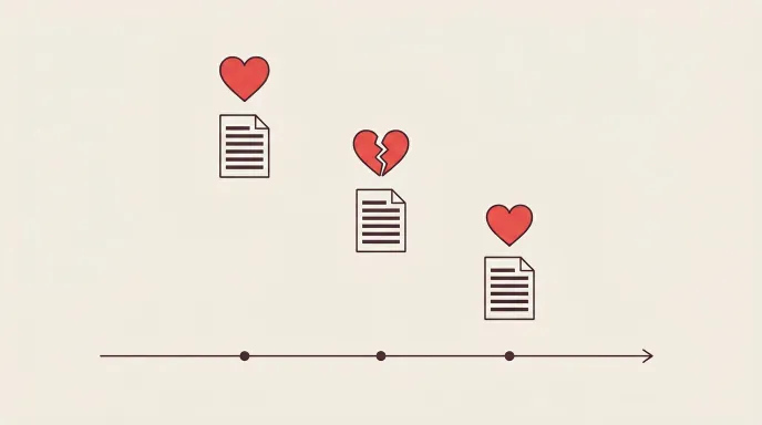 혼인관계증명서 상세본에서 과거 혼인과 이혼 이력이 시간 순서대로 표시된 개념 일러스트