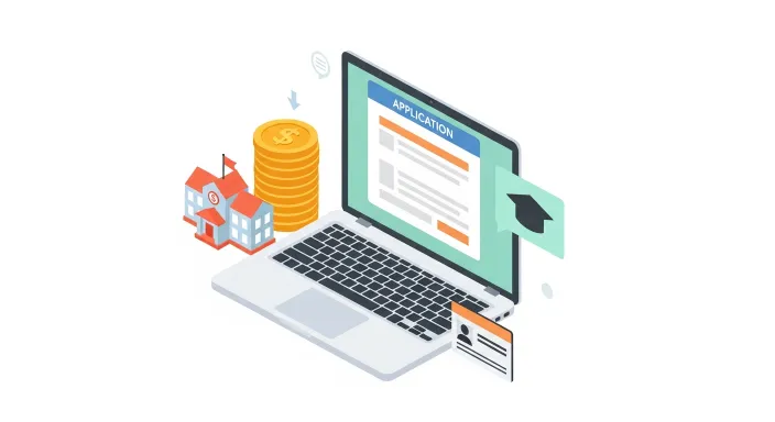 교육급여 지원 금액과 온라인 신청 과정을 아이콘으로 표현한 일러스트