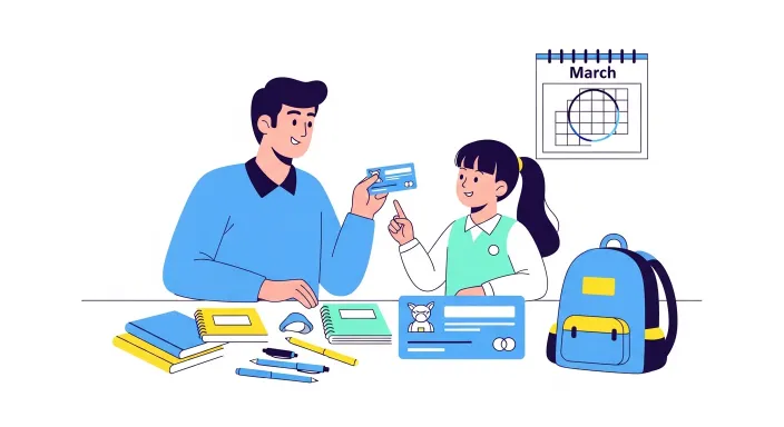 교육급여 바우처로 새학기 학용품을 준비하는 학생과 부모 일러스트