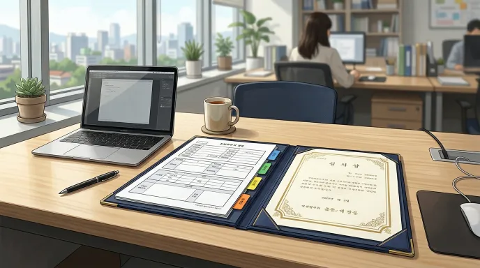 기술인협회 경력수첩의 주요 항목과 등급 구조를 사무실 책상 위 서류처럼 표현한 이미지
