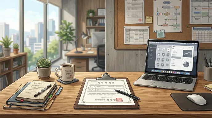 공무원 경력증명서의 주요 항목과 용도를 요약한 현실적인 사무실 일러스트