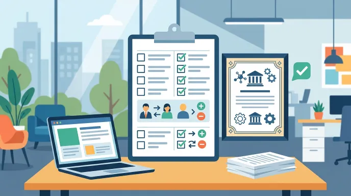 기업부설연구소 인증 유지와 연구전담요원 변경 관리를 함께 상징하는 사무실과 체크리스트 일러스트