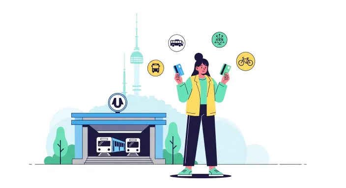 K-패스 카드와 기후동행카드를 들고 서울 지하철역 앞에 서 있는 청년 일러스트