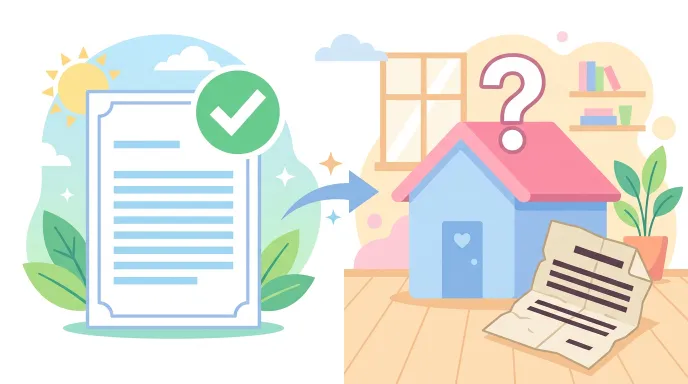 부동산 등기권리증을 분실한 상황과 확인서면 작성을 함께 상징하는 집과 문서 일러스트