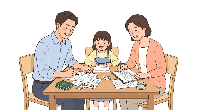 부모와 미성년 자녀가 여권 발급을 준비하는 모습을 상징하는 일러스트