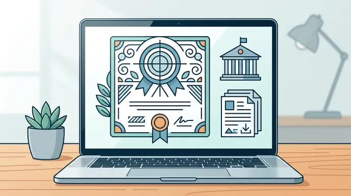 법인 등기부등본 인터넷 발급을 상징하는 컴퓨터 화면과 증명서 일러스트